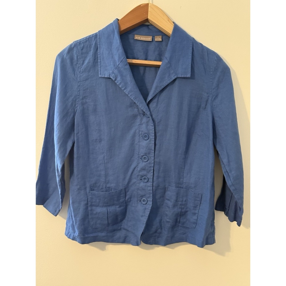 Kim Rogers W Blue 100 % Linen‎  Preppy Shirt  Buttons 14 Office Church Spring